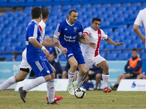 Action during Round 4 of 2014 IGA National Premier Leagues NSW Men's 1 between Sydney Olympic v St George at Belmore Sports Ground on April 06, 2014. Sydney, NSW. (Photo: Gavin Leung)