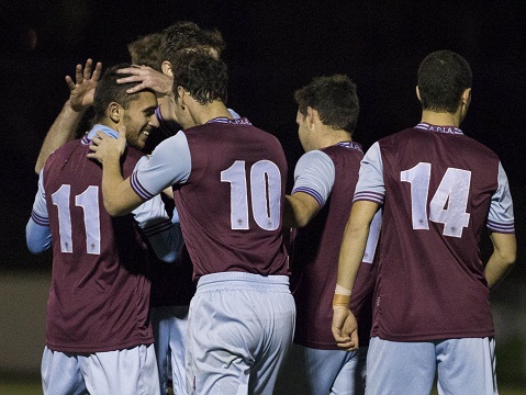 Action during Round 16 of 2014 IGA National Premier Leagues NSW Men's 1 between Sutherland v APIA Leichhardt at Seymour Shaw Park, Sydney, NSW on June 28, 2014. (Photo by Gavin Leung)