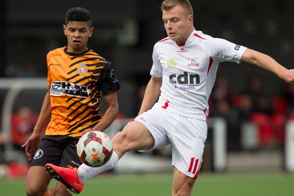 Action during Round 18 of 2014 IGA National Premier Leagues NSW Men's 1 between Blacktown Spartans v South Coast Wolves at Blacktown International Sports Centre, Rooty Hill, NSW on July 20, 2014. (Photo by Gavin Leung)