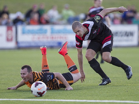Action during Qualification Final of 2014 IGA National Premier Leagues NSW Men's 1 between Blacktown Spartans v Blacktown City at Blacktown International Sports Park, Rooty Hill, NSW on August 24, 2014. (Photo by Gavin Leung)