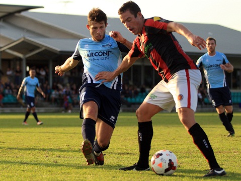 Match action during the Round 6 IGA NPL NSW Mens 1 match between Rockdale City Suns FC and Marconi Stallions FC at Ilinden Sports Centre on Easter Monday, April 21, 2014 in Rockdale, Australia.