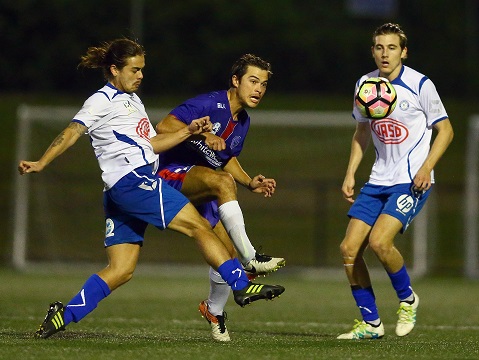 CROMER, AUSTRALIA - APRIL 14:  Match action during the PlayStation® 4 National Premier Leagues NSW Men’s Round 6 Good Friday match between Manly United FC and Sydney Olympic FC at Cromer Park on April 14, 2017 at Cromer, Australia. @PlayStationAustralia  #PS4NPLNSW  (Photo by Jeremy Ng/FAME Photography for Football NSW)