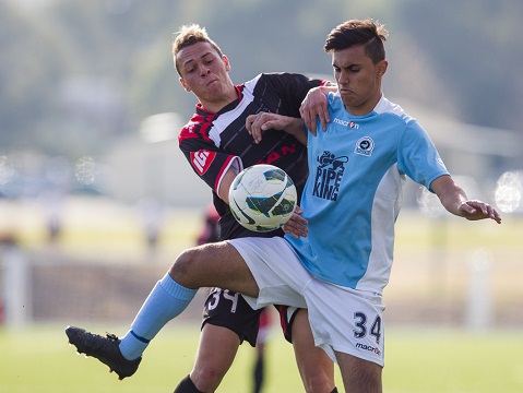 Action during Round 17 of 2014 IGA National Premier Leagues NSW Men's 1 between Blacktown City v Sutherland at Lilys Centre, Blacktown, NSW on July 13, 2014. (Photo by Gavin Leung)