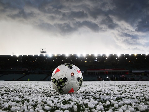 SYDNEY, AUSTRALIA - APRIL 25:  A football sits on a hail stone covered Pirtek Stadium prior to kick off for the round 27 A-League match between the Western Sydney Wanderers and the Perth Glory at Pirtek Stadium on April 25, 2015 in Sydney, Australia.  (Photo by Brendon Thorne/Getty Images)