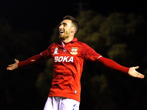 SYDNEY, AUSTRALIA - JUNE 11:  Panagiotis Nikas of United 58 celebrates his goal by saluting the crowd during the Men's 1 National Premier League match between the Sutherland Sharks FC and Sydney United 58 FC at Seymour Shaw on June 11, 2016 in Sydney, Australia.  (Photo by Jeremy Ng/Getty Images) *** Local Caption *** Panagiotis Nikas