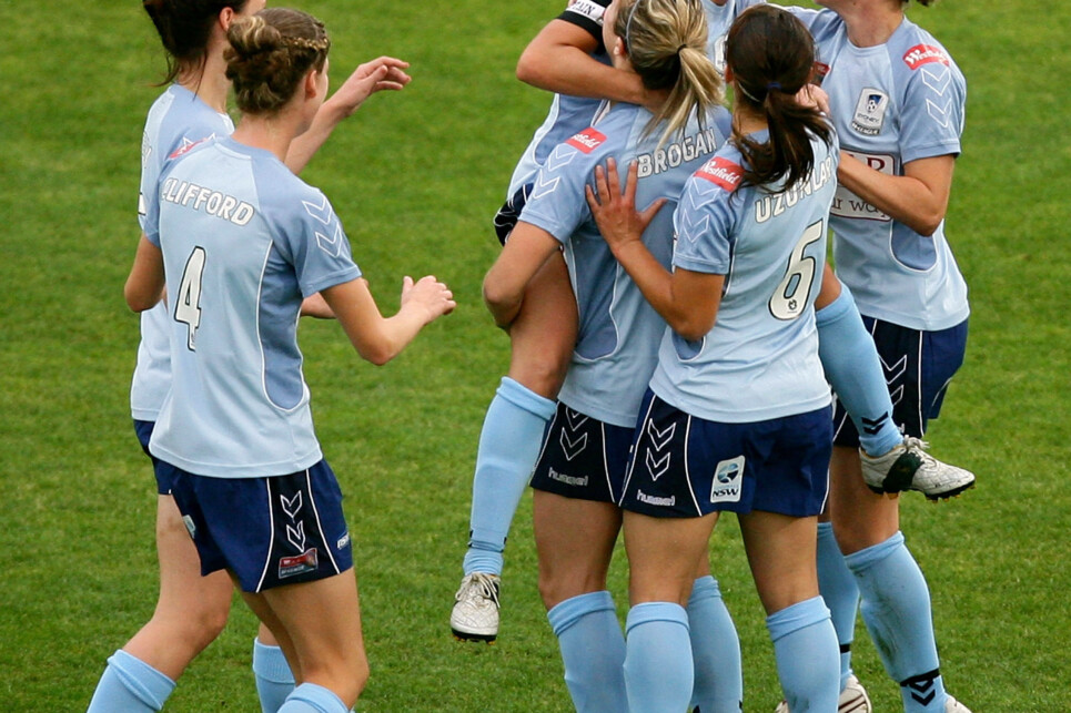 SYDNEY, AUSTRALIA - DECEMBER 27:  Kylie Ledbrook of Sydney FC celebrates with team mates after scoring a goal from a free kick during the round 10 W-League match between Sydney FC and Adelaide United at Parramatta Stadium on December 27, 2008 in Sydney, Australia.  (Photo by Matt King/Getty Images)