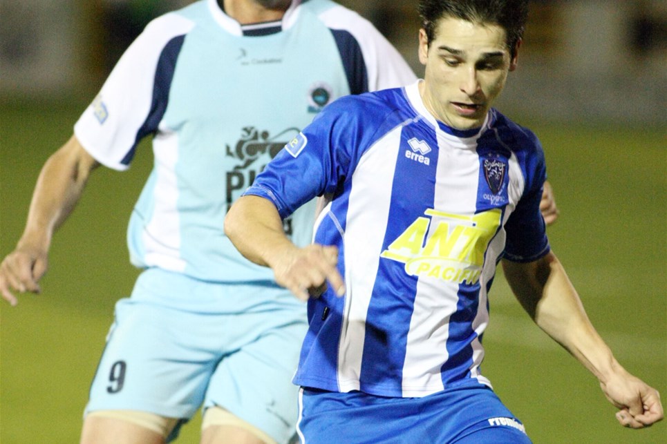 Milorad Simonovic (olympic) and  Brad Boardman (sutherland)NSW Premier League, 2008 TigerTurf Semi Finals between Sutherland Sharks (Light Blue) v Sydney Olympic (Dark Blue with stripes) at Seymor Shaw Football Stadium on Saturday 19th of July 2008. Photo Elliott Housego