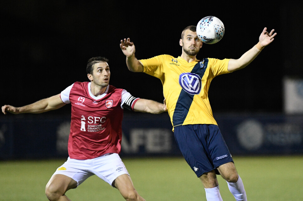 NPL 2 NSW Men’s Round 7 match between North Shore Mariners FC and t George City FA at Valentine Sports Park on April 14th,2019.(Photos by Nigel Owen). Mariners won 1-0.