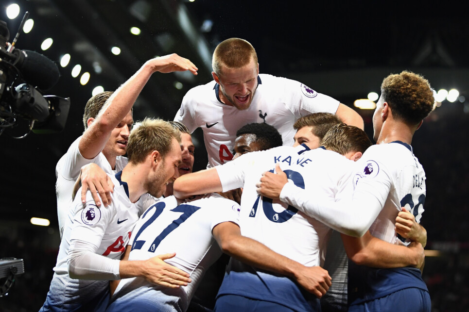 MANCHESTER, ENGLAND - AUGUST 27:  Lucas Moura of Tottenham Hotspur (hidden) celebrates with team mates after scoring his second goal and his team's third goal during the Premier League match between Manchester United and Tottenham Hotspur at Old Trafford on August 27, 2018 in Manchester, United Kingdom.  (Photo by Clive Mason/Getty Images)