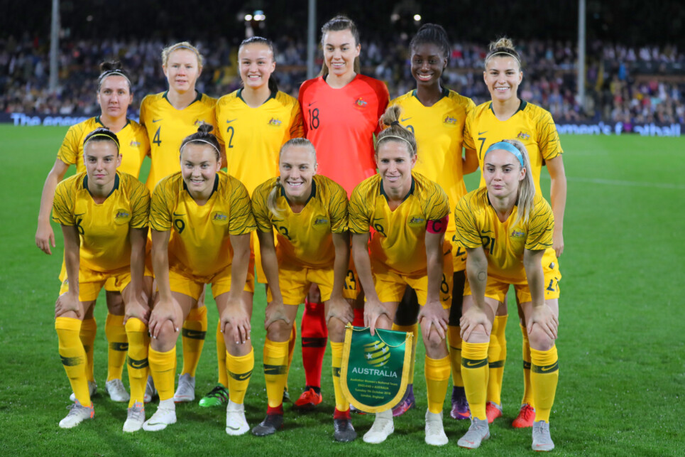 LONDON, ENGLAND - OCTOBER 09: Australia team group photo before the International Friendly between England Women and Australia Women at Craven Cottage on October 9, 2018 in London, England. (Photo by Catherine Ivill/Getty Images)