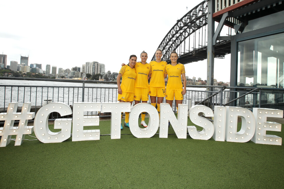 SYDNEY, AUSTRALIA - OCTOBER 29: Lisa De Vanna, Chloe Logarzo, Alanna Kennedy and Caitlin Foord of the Matildas pose at the launch of AusBid2023.com, the official website to submit registrations of support for Australias FIFA Womens World Cup 2023 bid during the FFA's FIFA Women's World Cup bid announcement at Pier One on October 29, 2018 in Sydney, Australia. (Photo by Mark Kolbe/Getty Images)