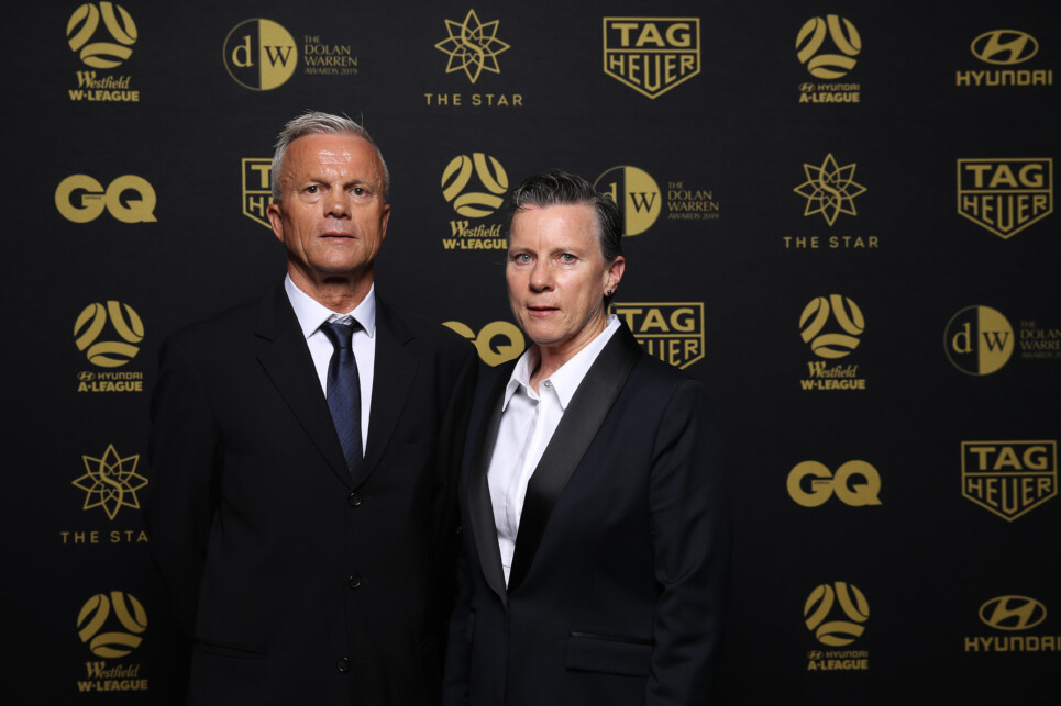 SYDNEY, AUSTRALIA - MAY 13: Hall of Fame Inductees Branko Culina and Leigh Wardell pose during the 2019 Dolan Warren Awards at The Star on May 13, 2019 in Sydney, Australia. (Photo by Mark Kolbe/Getty Images)
