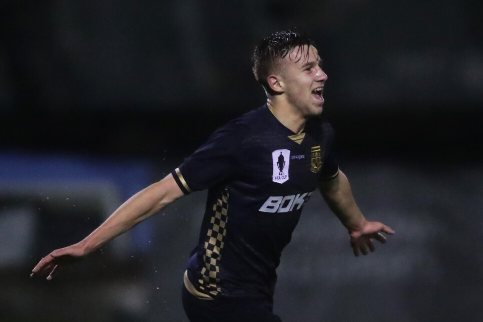 SYDNEY, AUSTRALIA - JULY 31: Michael Ruhs of Sydney United 58 FC celebrates scoring a goal in extra time during the FFA Cup Round of 32 match between St George FC and Sydney United 58 FC at Rockdale Ilinden Sports Centre on July 31, 2019 in Sydney, Australia. (Photo by Matt King/Getty Images)