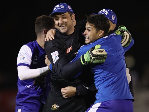 CANBERRA, AUSTRALIA - SEPTEMBER 27:  Angelo Konstantinou of Canberra celebrates with his team after kicking the winning goal from a penalty spot kick during the FFA Cup Quarter Final match between Canberra and Green Gully at Deakin Football Stadium on September 27, 2016 in Canberra, Australia.  (Photo by Mark Kolbe/Getty Images)
