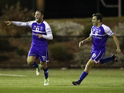SYDNEY, AUSTRALIA - JULY 26:  Gideon Sweet of Hakoah FC celebrates kicking a goal during the FFA Cup round of 32 match between Hills United FC and Hakoah Sydney City East at Lily's Football Stadium on July 26, 2017 in Sydney, Australia.  (Photo by Cameron Spencer/Getty Images)