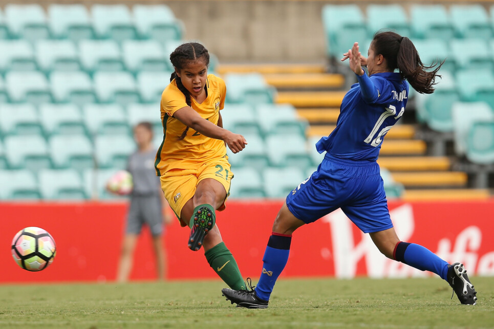 SYDNEY, AUSTRALIA - MARCH 16:  Mary Fowler of Australia takes a shot at goal during the International match between the Young Matildas and Thailand at Leichhardt Oval on March 16, 2018 in Sydney, Australia.  (Photo by Jason McCawley/Getty Images)