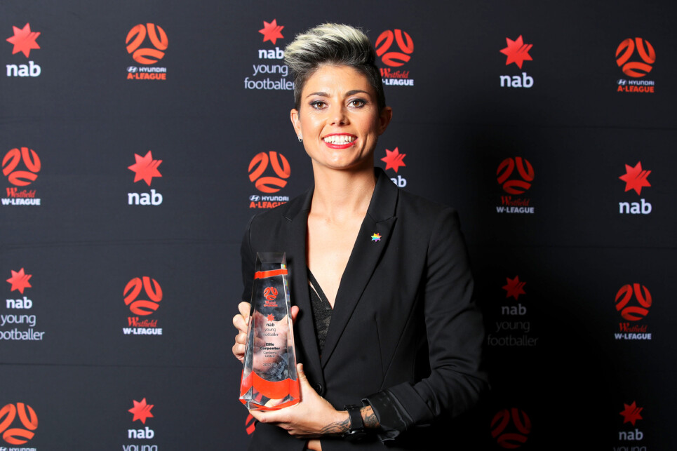 SYDNEY, NEW SOUTH WALES - APRIL 30:  Michelle Heyman of Canberra United poses after collecting the trophy on behalf of Ellie Carpenter of Canberra United for the Westfield W-League NAB Young Footballer of the Year Award during the FFA Dolan Warren Awards at The Star on April 30, 2018 in Sydney, Australia.  (Photo by Mark Kolbe/Getty Images)
