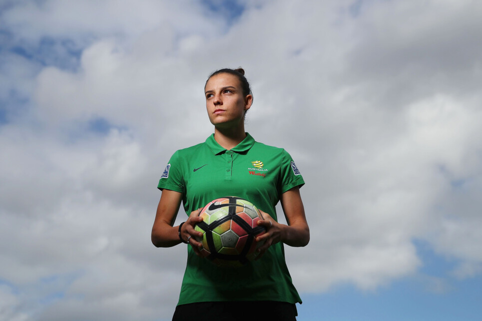 SYDNEY, AUSTRALIA - MAY 14: Chloe Logarzo poses during the FFA Elite Women's Football Program Launch at Valentine Sports Park on May 14, 2018 in Sydney, Australia.  (Photo by Brendon Thorne/Getty Images)