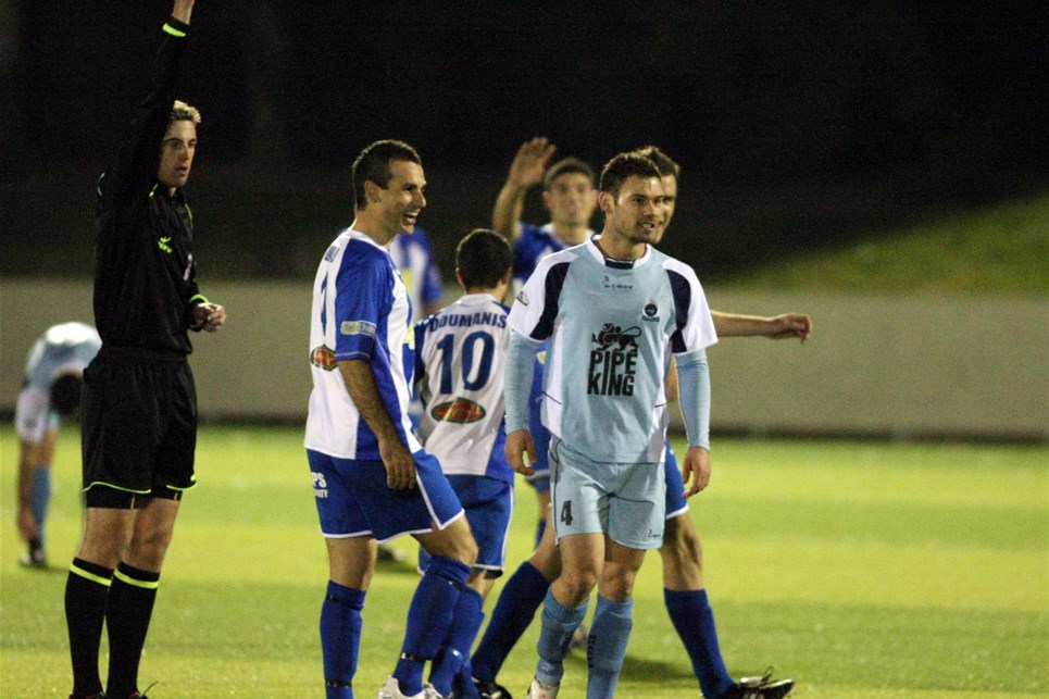 No 4 Predrag Bojic gets red cardedNSW Premier League, 2008 TigerTurf Semi Finals between Sutherland Sharks (Light Blue) v Sydney Olympic (Dark Blue with stripes) at Seymor Shaw Football Stadium on Saturday 19th of July 2008. Photo Elliott Housego