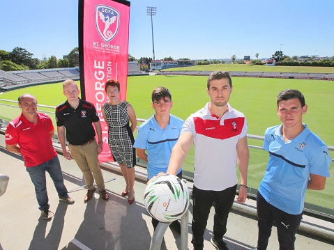 20.02.17-Kogarah oval-promoting a trial game between Sydney FC's NPL side and a St George team-and getting greater access to Jubilee Oval in the future.GM of Georges River Council Gail Connolly with Craig kiely and AytekGenc(Stg football) and players Bill Tsanidis(stg) Andrea Agamemnonos (l) and Brendan Curtis (Sydney FC).Picture John Veage