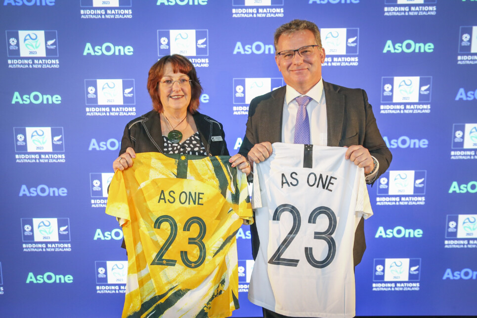 MELBOURNE, AUSTRALIA - DECEMBER 13: Johanna Wood, New Zealand Football President and Chris Nikou, FFA chairman during the announcement of Australia &amp; New Zealand's Joint Bid to host the FIFA Women's 2023 World Cup, at AAMI Park on December 13, 2019 in Melbourne, Australia. (Photo by Wayne Taylor/Getty Images)