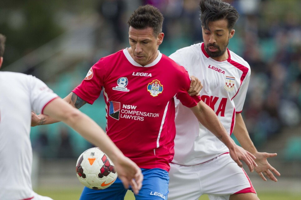 Action during Round 14 of 2014 IGA National Premier Leagues NSW Men's 1 between Bonnyrigg v Sydney United 58 at Bonnyrigg Sports Centre, Sydney, NSW on June 15, 2014. (Photo by Gavin Leung)