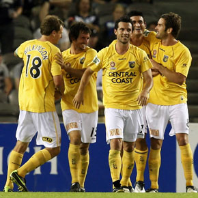 MELBOURNE, AUSTRALIA - NOVEMBER 07:  Mariners players celebrate a goal during the round 14 A-League match between the Melbourne Victory and the Central Coast Mariners at Etihad Stadium on November 7, 2009 in Melbourne, Australia.  (Photo by Quinn Rooney/Getty Images)