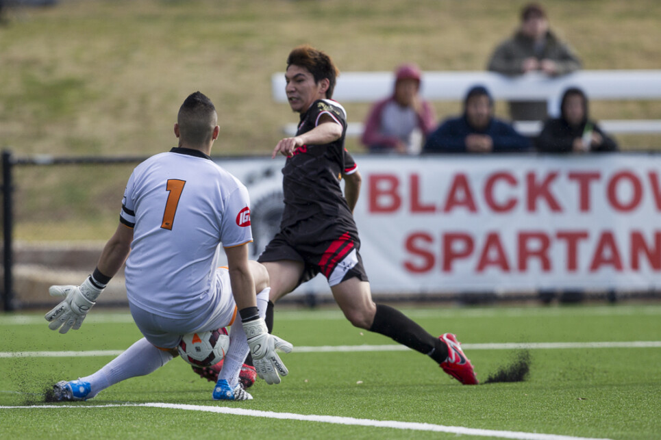 Action during Round 22 of 2014 IGA National Premier Leagues NSW Men's 1 between Blacktown Spartans v Blacktown City at Blacktown International Sports Park, Rooty Hill, NSW on August 17, 2014. (Photo by Gavin Leung)