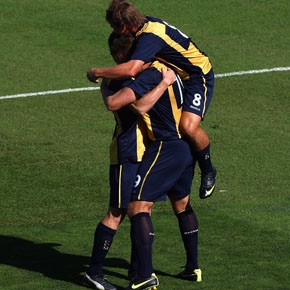 GOSFORD, AUSTRALIA - DECEMBER 12: Nicholas Fitzgarald (R) congratulates Brady Smith (C) of the Mariners after scoring his team's first goal during the round 14 National Youth League match between the Central Coast Mariners and the Melbourne Victory at Bluetongue Stadium on December 12, 2009 in Gosford, Australia.  (Photo by Ryan Pierse/Getty Images) *** Local Caption *** Brady Smith;Nicholas Fitzgarald