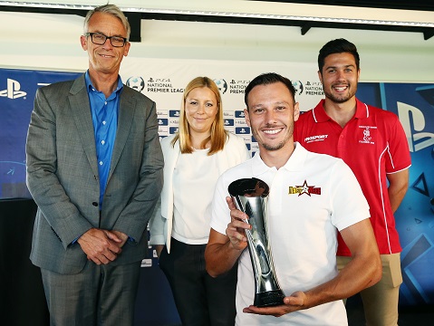 ADELAIDE, AUSTRALIA - FEBRUARY 11:  L-R  David Gallop (FFA CEO), Larissa Hazel (Head of marketing communications, Sony Computer Entertainment), Fabian Barbiero (Metro Stars player), Rocky Visconte (Croydon Kings player) pose for a photograph during the PlayStation 4 National Premier Leagues 2015 Season Launch at Adelaide Shores Football Centre on February 11, 2015 in Adelaide, Australia.  (Photo by Morne de Klerk/Getty Images)