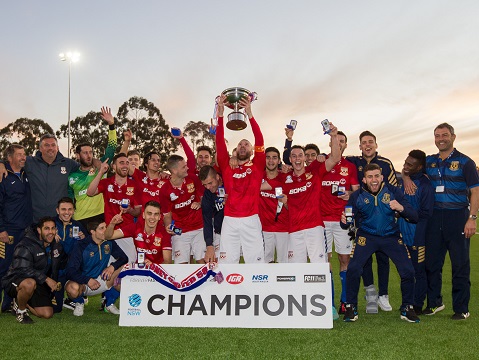 Sydney United 58 FC v Blacktown City FC action during Football NSW Waratah Cup Grand Final fixture at Valentine Sports Park, Glenwood, NSW on July 05, 2015. (Photo by Gavin Leung/Football NSW
