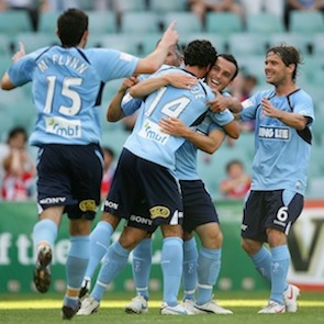 A-League Rd 13 - Sydney v Phoenix SYDNEY, AUSTRALIA - NOVEMBER 01: Mark Bridge of Sydney celebrates with team mates after scoring his first goal during the round 13 A-League match between Sydney FC and the Wellington Phoenix at the Sydney Football Stadium on November 1, 2009 in Sydney, Australia. (Photo by Matt King/Getty Images) *** Local Caption *** Mark Bridge