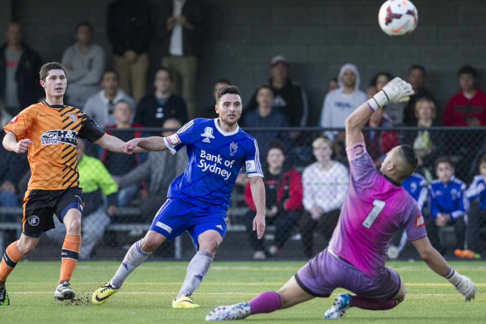 Action during Finals Series Round 2 of 2014 IGA National Premier Leagues NSW Men's 1 between Blacktown Spartans v Sydney Olympic at Lambert Park, Leichhardt, NSW on August 31, 2014. (Photo by Gavin Leung)